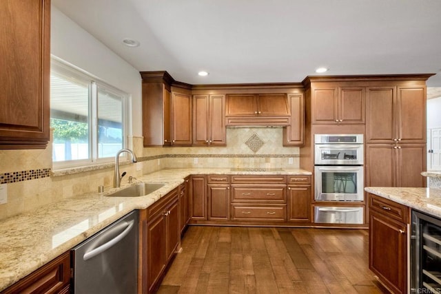 13815 Hilldale Rd, Valley Center, CA 92082 - kitchen with appliances with stainless steel finishes, a sink, a warming drawer, beverage cooler, and dark wood-style floors