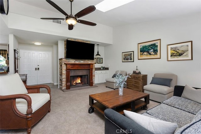 4119 Oak Island Ln, Fallbrook, CA 92028 - living room featuring a ceiling fan, light colored carpet, a large fireplace, and lofted ceiling