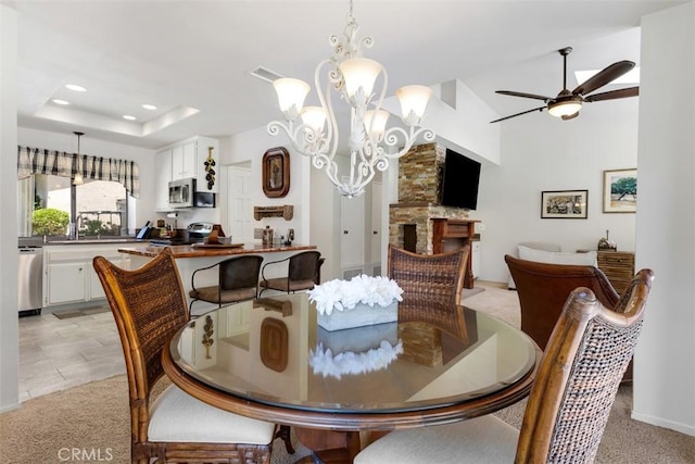 4119 Oak Island Ln, Fallbrook, CA 92028 - dining room with a ceiling fan, a chandelier, recessed lighting, and light colored carpet