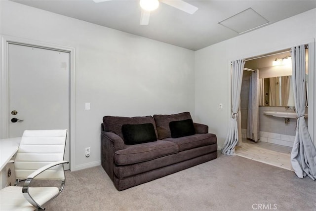 4119 Oak Island Ln, Fallbrook, CA 92028 - living room featuring carpet, ceiling fan, attic access, and baseboards