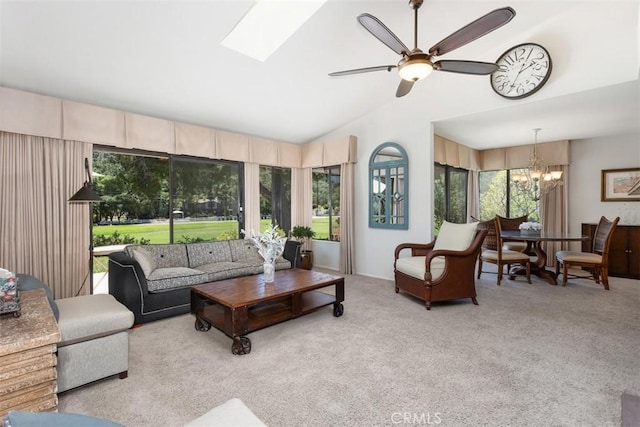 4119 Oak Island Ln, Fallbrook, CA 92028 - living room featuring vaulted ceiling, a chandelier, carpet floors, ceiling fan, and a skylight