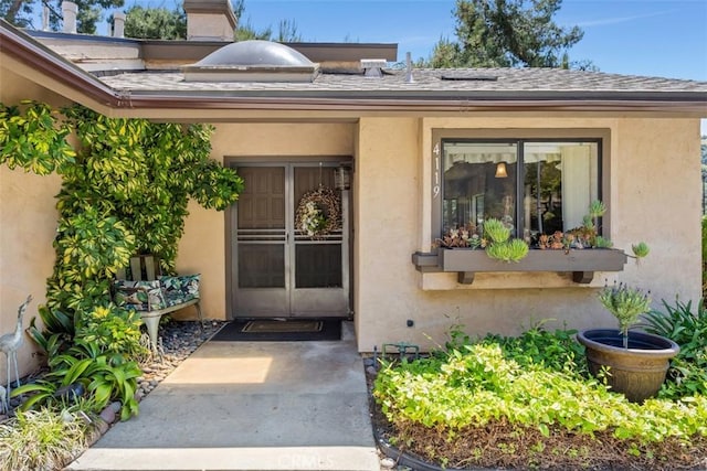 4119 Oak Island Ln, Fallbrook, CA 92028 - doorway to property featuring stucco siding and a shingled roof