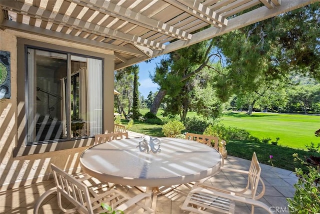 4119 Oak Island Ln, Fallbrook, CA 92028 - view of patio with a pergola, outdoor dining area, view of wooded area, and golf course view