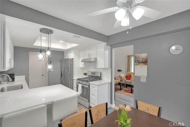1189 N Sunflower Ave, Covina, CA 91724 - kitchen featuring appliances with stainless steel finishes, a sink, under cabinet range hood, white cabinets, and ceiling fan