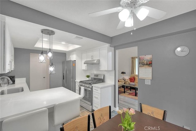 1189 N Sunflower Ave, Covina, CA 91724 - kitchen with appliances with stainless steel finishes, a sink, under cabinet range hood, white cabinets, and a ceiling fan