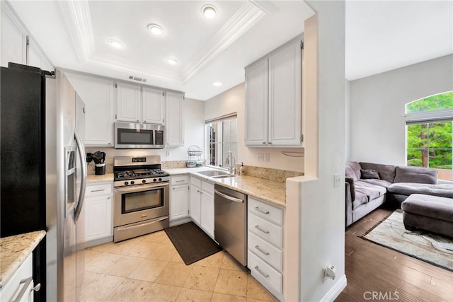 28747 La Triana, Laguna Niguel, CA 92677 - kitchen with stainless steel appliances, a sink, open floor plan, a raised ceiling, and crown molding