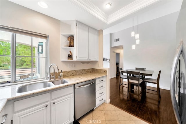 28747 La Triana, Laguna Niguel, CA 92677 - kitchen featuring dishwasher, a sink, crown molding, white cabinetry, and open shelves