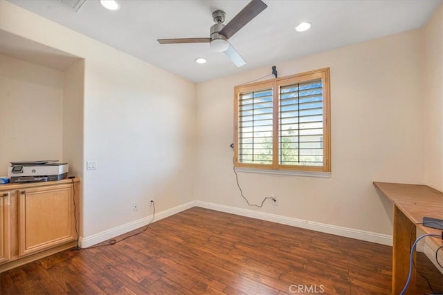 12614 Torrey Pine Rd, Moreno Valley, CA 92555 - unfurnished dining area with dark wood-style floors, ceiling fan, baseboards, and recessed lighting