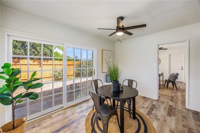 1456 Fernwood Dr, Redlands, CA 92374 - dining space with a ceiling fan, light wood-style floors, crown molding, and baseboards