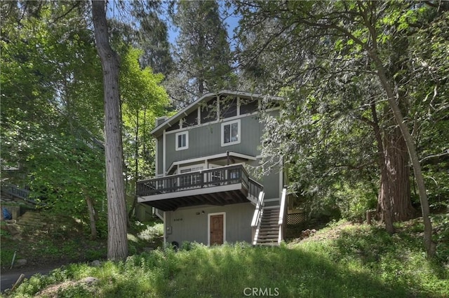 23819 Scenic Dr, Crestline, CA 92325 - rear view of property featuring stairway and a wooden deck