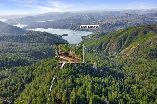 64 Rebie Way, Oroville, CA 95966 - aerial view of property's location with property boundaries highlighted, a heavily wooded area, and a water and mountain view