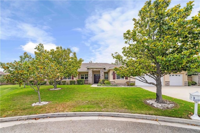 7064 Isle Ct, Rancho Cucamonga, CA 91739 - view of front facade with stone siding, concrete driveway, stucco siding, and a front yard