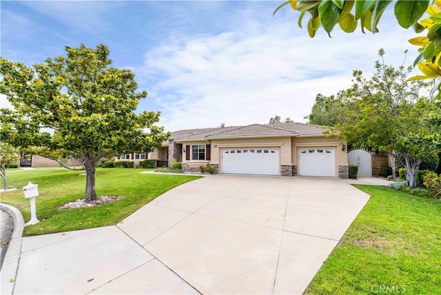 7064 Isle Ct, Rancho Cucamonga, CA 91739 - view of front facade featuring stone siding, an attached garage, stucco siding, concrete driveway, and a front yard