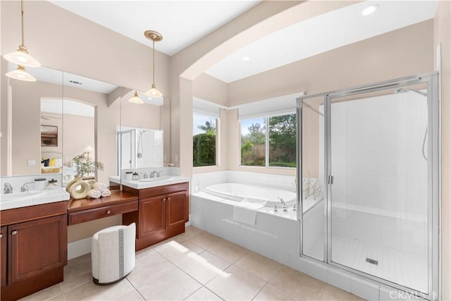 7064 Isle Ct, Rancho Cucamonga, CA 91739 - bathroom with double vanity, a garden tub, a stall shower, and tile patterned flooring