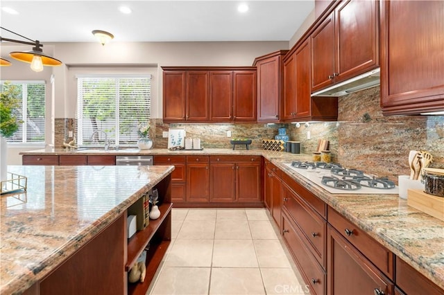 7064 Isle Ct, Rancho Cucamonga, CA 91739 - kitchen with white gas cooktop, a sink, decorative backsplash, light tile patterned flooring, and recessed lighting