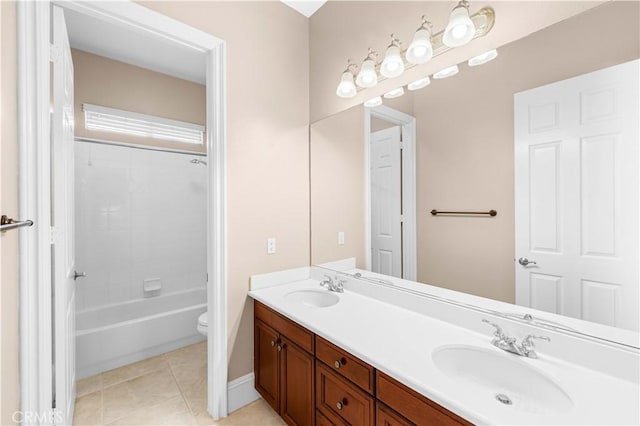 7064 Isle Ct, Rancho Cucamonga, CA 91739 - bathroom featuring double vanity, toilet, tile patterned floors, and tub / shower combination