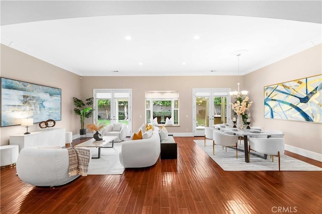 7064 Isle Ct, Rancho Cucamonga, CA 91739 - living room featuring french doors, baseboards, wood finished floors, crown molding, and recessed lighting