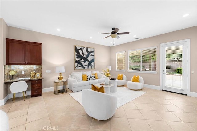 7064 Isle Ct, Rancho Cucamonga, CA 91739 - living room with a ceiling fan, light tile patterned floors, baseboards, recessed lighting, and a desk
