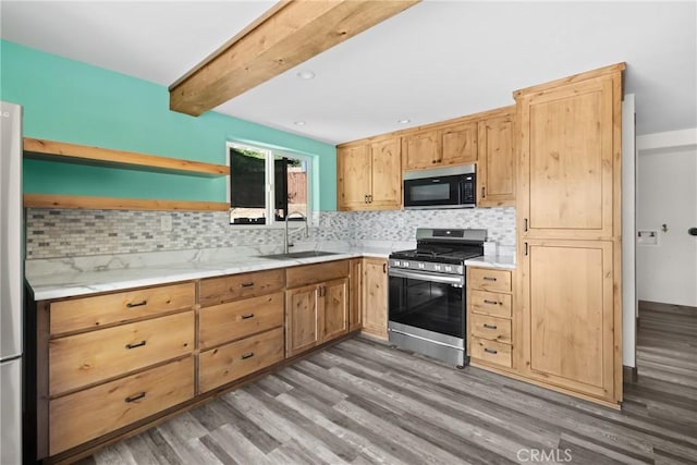 8950 Pueblo Ave, Atascadero, CA 93422 - kitchen with gas stove, a sink, open shelves, wood finished floors, and beamed ceiling