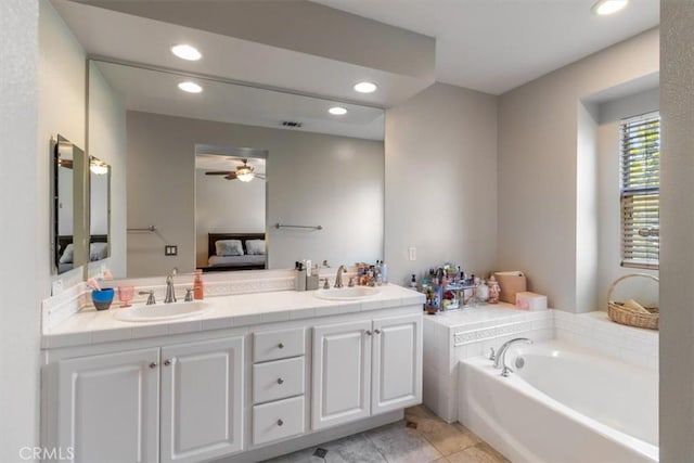 23402 Brookdale Ln Unit 56, Valencia, CA 91355 - full bathroom with ensuite bath, a ceiling fan, double vanity, recessed lighting, and a garden tub
