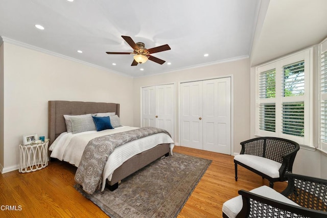 1421 Oneonta Knl, South Pasadena, CA 91030 - bedroom with two closets, multiple windows, light wood-style floors, recessed lighting, and crown molding