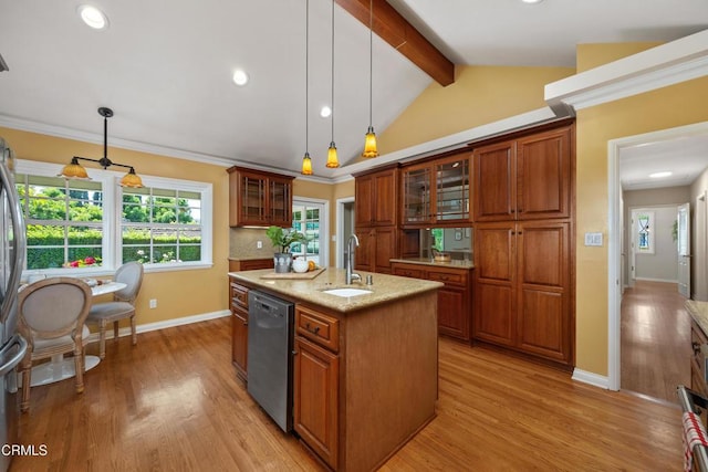 1421 Oneonta Knl, South Pasadena, CA 91030 - kitchen featuring dishwasher, a sink, brown cabinets, light wood-style flooring, and recessed lighting