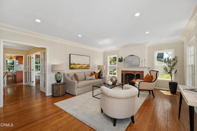 1421 Oneonta Knl, South Pasadena, CA 91030 - living area featuring light wood finished floors, baseboards, a brick fireplace, crown molding, and recessed lighting