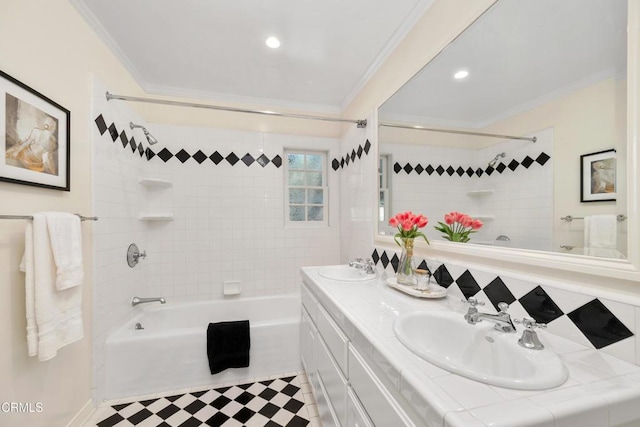 1421 Oneonta Knl, South Pasadena, CA 91030 - bathroom featuring tile patterned floors, ornamental molding, shower / washtub combination, double vanity, and recessed lighting