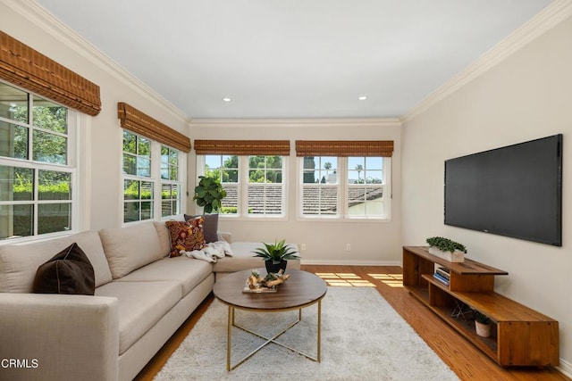 1421 Oneonta Knl, South Pasadena, CA 91030 - living room featuring healthy amount of natural light, wood finished floors, baseboards, crown molding, and recessed lighting
