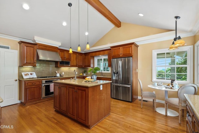 1421 Oneonta Knl, South Pasadena, CA 91030 - kitchen with stainless steel appliances, wall chimney exhaust hood, decorative backsplash, light stone countertops, and light wood-style floors