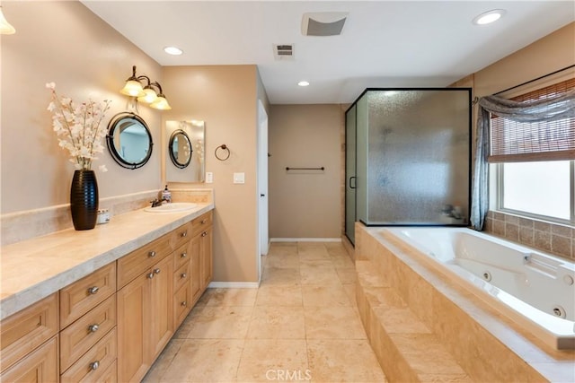 7659 Balasiano Ave, West Hills, CA 91304 - bathroom featuring vanity, a tub with jets, tile patterned flooring, a stall shower, and recessed lighting