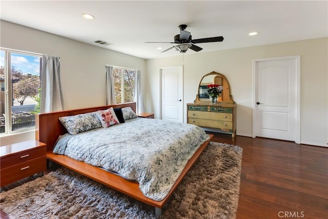 7659 Balasiano Ave, West Hills, CA 91304 - bedroom featuring dark wood-type flooring, recessed lighting, and a ceiling fan