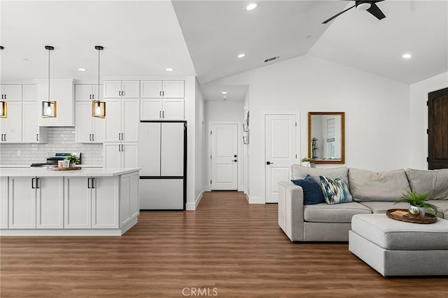 5755 Fickett Ln, Paradise, CA 95969 - living room with recessed lighting, ceiling fan, wood finished floors, lofted ceiling, and baseboards