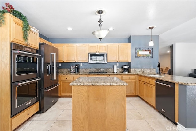 25 Del Brienza, Lake Elsinore, CA 92532 - kitchen featuring appliances with stainless steel finishes, light brown cabinetry, a peninsula, light tile patterned floors, and a center island