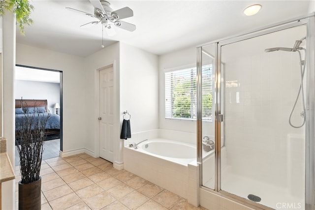 25 Del Brienza, Lake Elsinore, CA 92532 - bathroom with a shower stall, ensuite bath, a garden tub, ceiling fan, and tile patterned floors