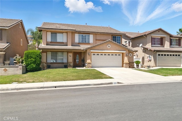 25 Del Brienza, Lake Elsinore, CA 92532 - view of front facade featuring stucco siding, stone siding, driveway, a front lawn, and a garage