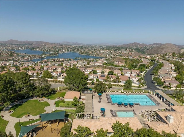 25 Del Brienza, Lake Elsinore, CA 92532 - aerial view of residential area featuring a water and mountain view and a pool