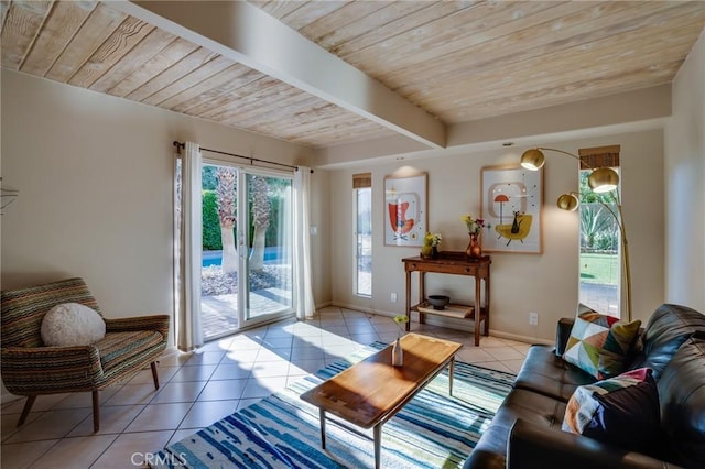 576 E Desert Holly Cir, Palm Springs, CA 92262 - living area featuring light tile patterned floors, wooden ceiling with exposed beams, and baseboards