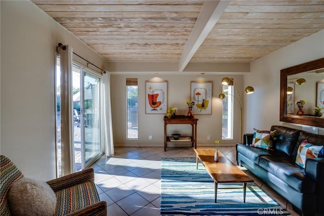 576 E Desert Holly Cir, Palm Springs, CA 92262 - living area with wood ceiling with exposed beams, tile patterned floors, and baseboards