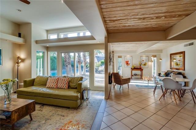 576 E Desert Holly Cir, Palm Springs, CA 92262 - living room featuring light tile patterned flooring, wood ceiling, and recessed lighting