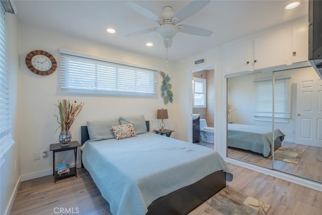 16732 Lassen St, Northridge, CA 91343 - bedroom featuring light wood-style floors, a closet, recessed lighting, baseboards, and ceiling fan