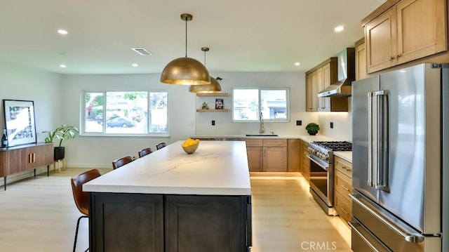 2737 Lorenzo Ave, Costa Mesa, CA 92626 - kitchen featuring high quality appliances, wall chimney range hood, light wood-style flooring, a sink, and a kitchen island