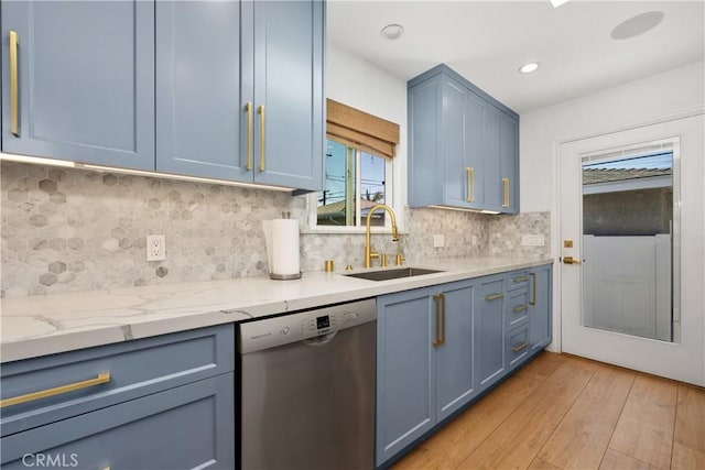 2716 Spreckels, Redondo Beach, CA 90278 - kitchen with stainless steel dishwasher, a sink, blue cabinets, light wood finished floors, and recessed lighting