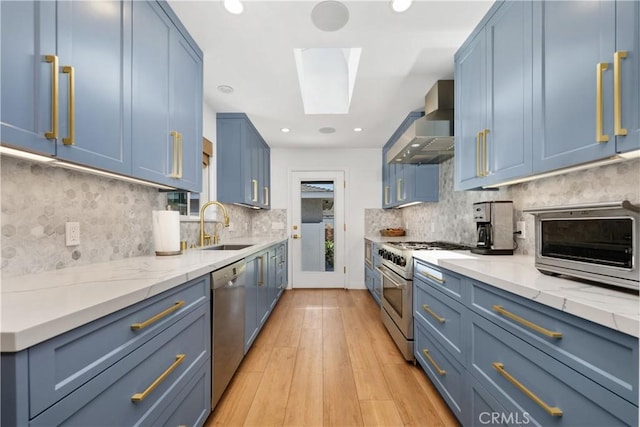 2716 Spreckels, Redondo Beach, CA 90278 - kitchen featuring stainless steel appliances, wall chimney exhaust hood, blue cabinetry, and recessed lighting