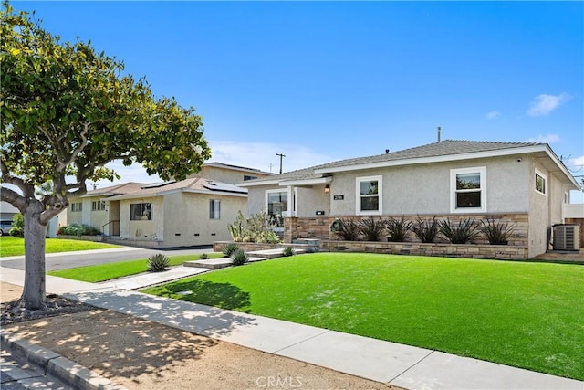 2716 Spreckels, Redondo Beach, CA 90278 - view of front of property with stucco siding, a front yard, central AC unit, and stone siding