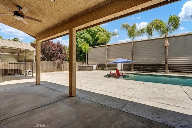 300 S Lombardi St, Porterville, CA 93257 - fenced backyard featuring a ceiling fan, a patio area, and an outdoor pool