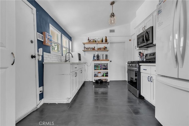 3875 Everest Ave, Riverside, CA 92503 - kitchen with appliances with stainless steel finishes, white cabinets, open shelves, vaulted ceiling, and hanging light fixtures