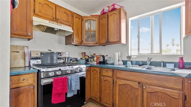 413 E 81st St, Los Angeles, CA 90003 - kitchen with under cabinet range hood, stainless steel gas range oven, brown cabinetry, a sink, and glass insert cabinets