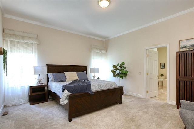 455 Chiswick Way, Cambria, CA 93428 - bedroom featuring light colored carpet, ornamental molding, baseboards, and ensuite bath