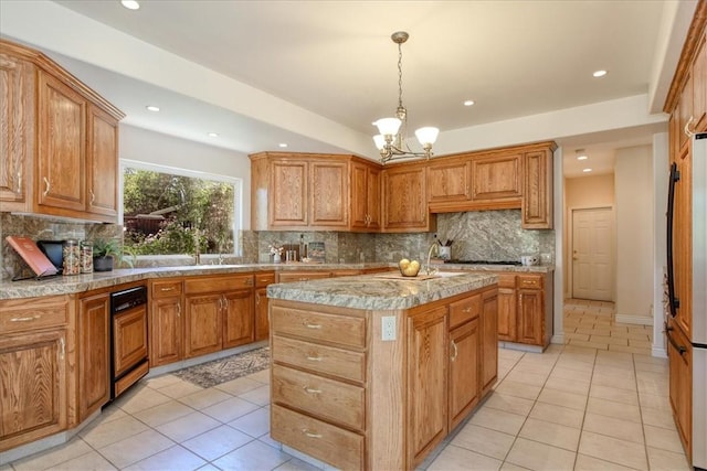 455 Chiswick Way, Cambria, CA 93428 - kitchen with light tile patterned floors, a chandelier, a center island, light countertops, and recessed lighting
